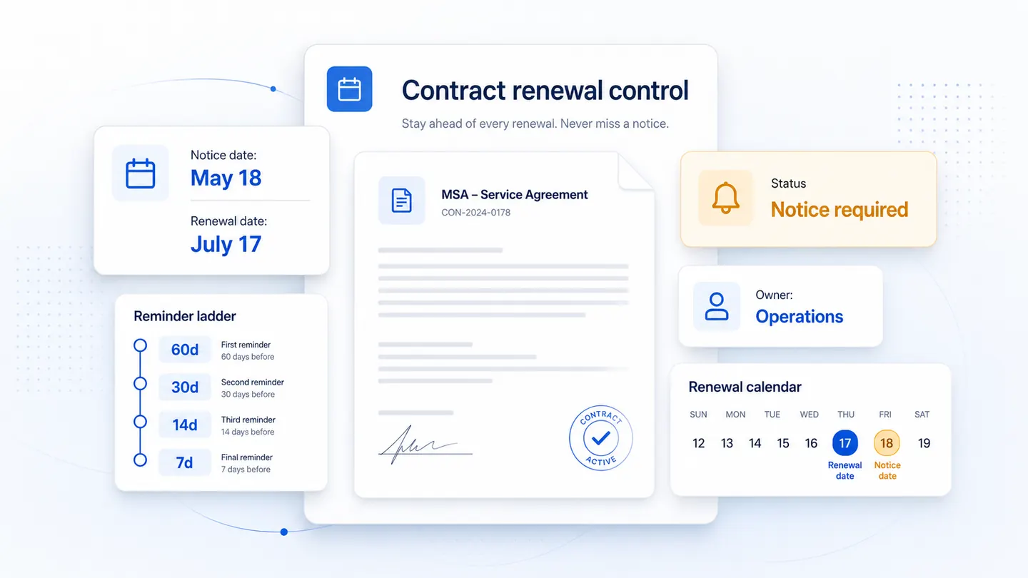 RenewOps contract renewal control system showing notice date, renewal date, owner, reminder ladder, and notice required status.